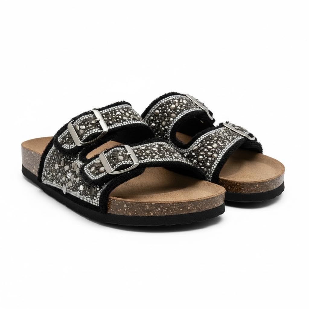 Women’s slippers featuring double metal buckles, decorated with crystals and beads – comfortable suede sole with anti-slip design for an elegant summer look- B4