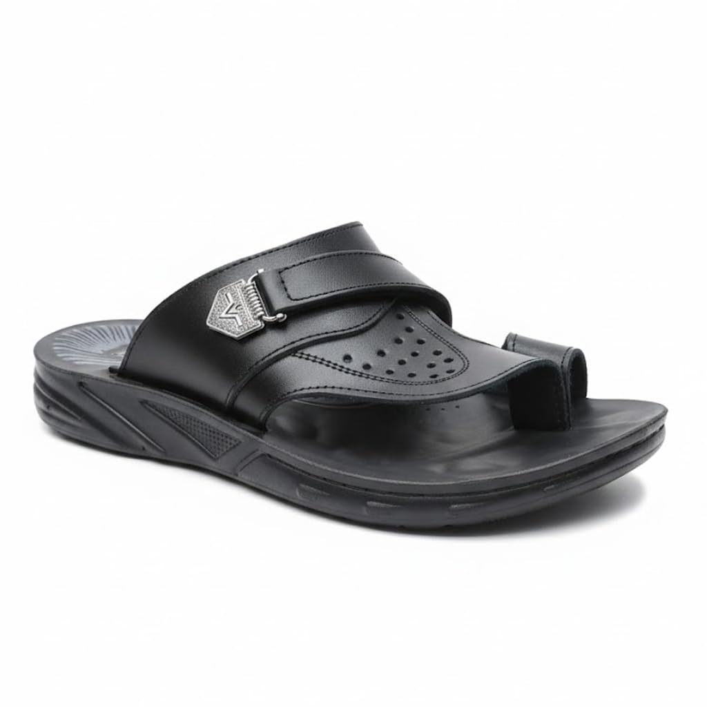 Men’s black leather slippers – modern, comfortable design with high-quality material and a cushioned orthopedic sole – perfect for daily use and errands.  - 522