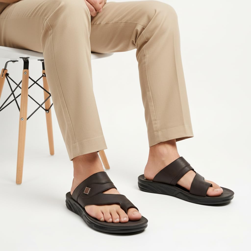 Men’s black leather slippers – modern, comfortable design with high-quality material and a cushioned orthopedic sole – perfect for daily use and errands.   - 2005