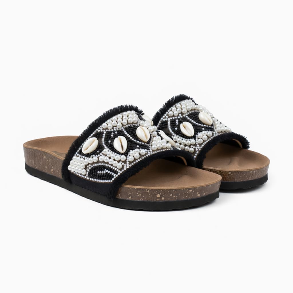 Women’s slippers decorated with pearls and natural shells – summer style with a comfortable suede sole – elegant design for outings and casual wear.  - B2