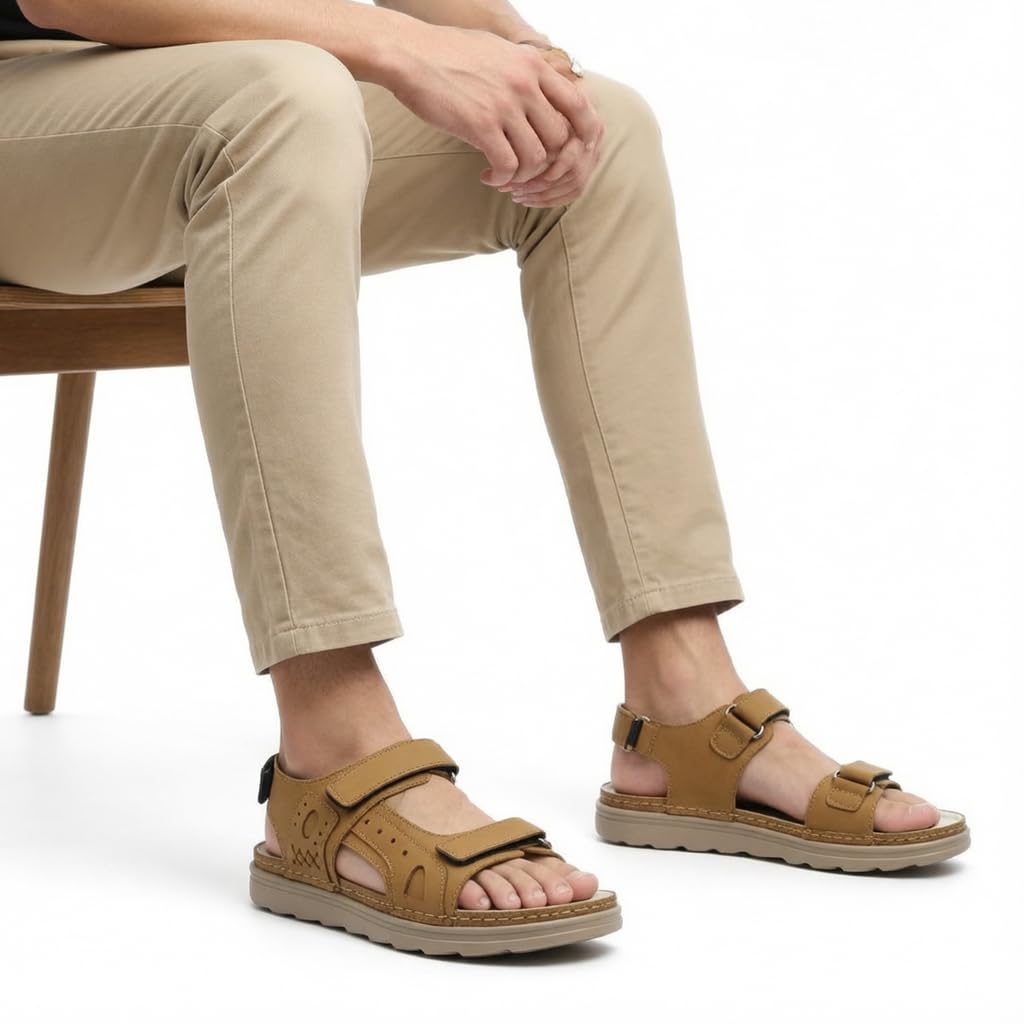Men’s Comfortable Orthopedic Sandals – Practical Leather Design with Adjustable Double Velcro Straps and Heel Strap – Lightweight Anti-Slip Sole   - 50