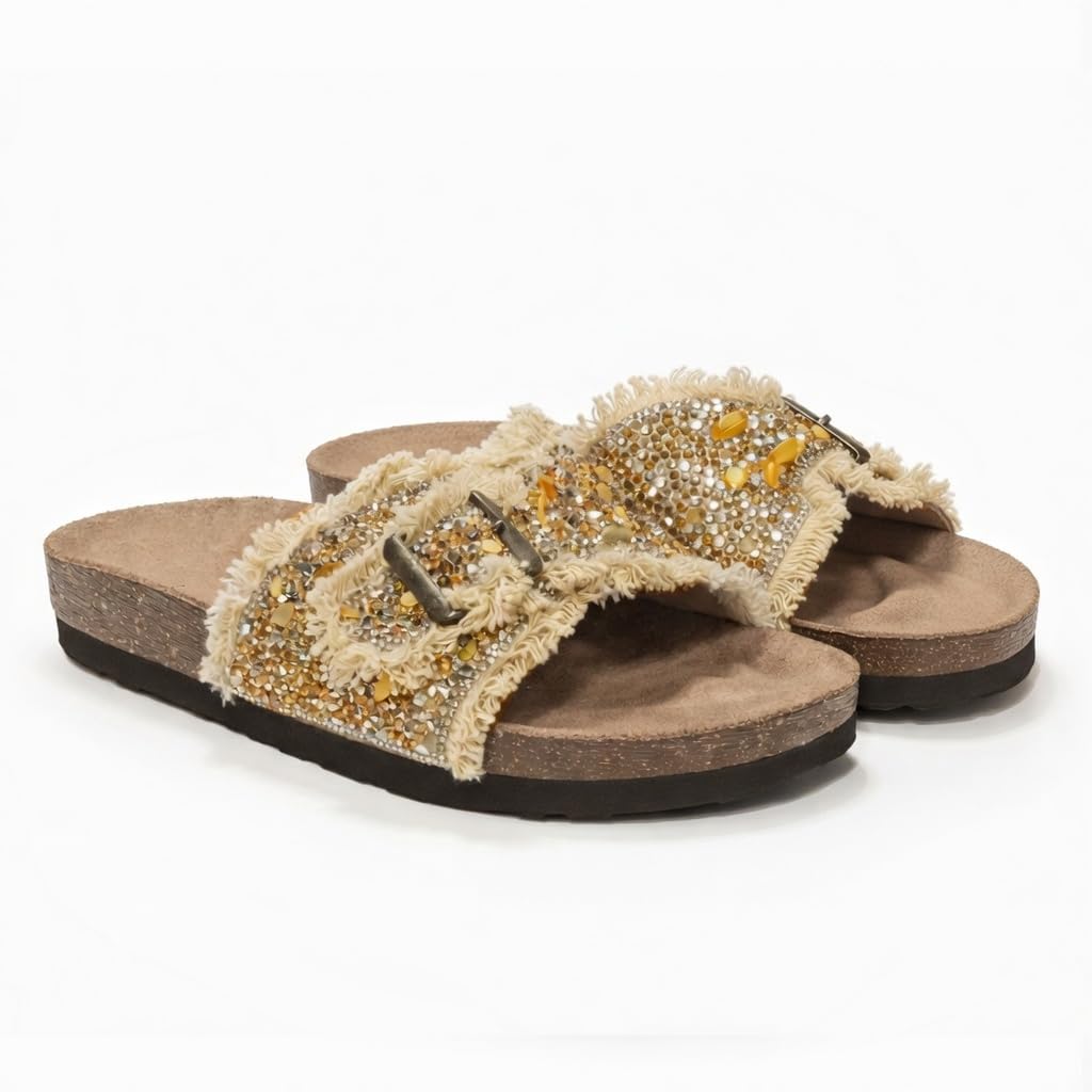 Women’s slippers decorated with golden crystals and a metal buckle – luxurious summer style with a comfortable suede sole – elegant design for daily outings.  - B3