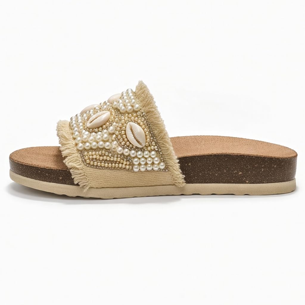 Women’s slippers decorated with pearls and natural shells – summer style with a comfortable suede sole – elegant design for outings and casual wear.  - B2