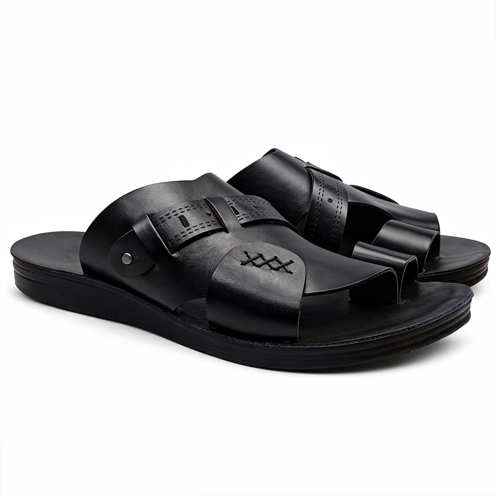 Men’s black leather slippers – modern multi-strap design with a comfortable, slip-resistant sole – ideal for daily and summer use - 309