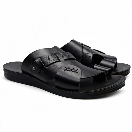 Men’s black leather slippers – modern multi-strap design with a comfortable, slip-resistant sole – ideal for daily and summer use - 309