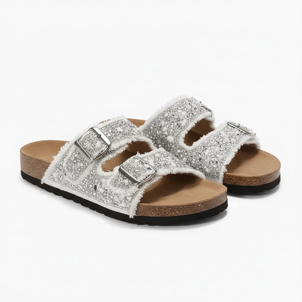 Women’s slippers featuring double metal buckles, decorated with crystals and beads – comfortable suede sole with anti-slip design for an elegant summer look- B4