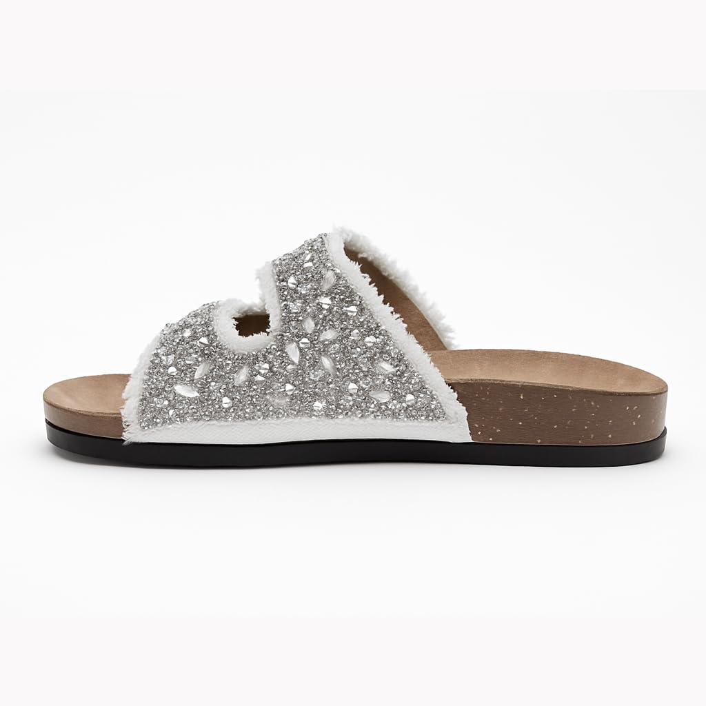 Women’s slippers featuring double metal buckles, decorated with crystals and beads – comfortable suede sole with anti-slip design for an elegant summer look- B4