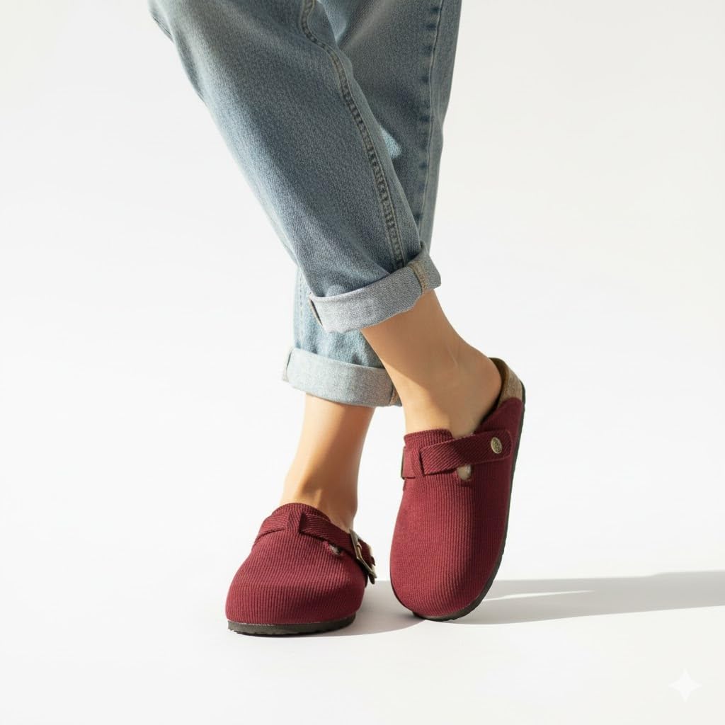 Stylish and comfortable women's clogs with a buckle closure and a non-slip sole.