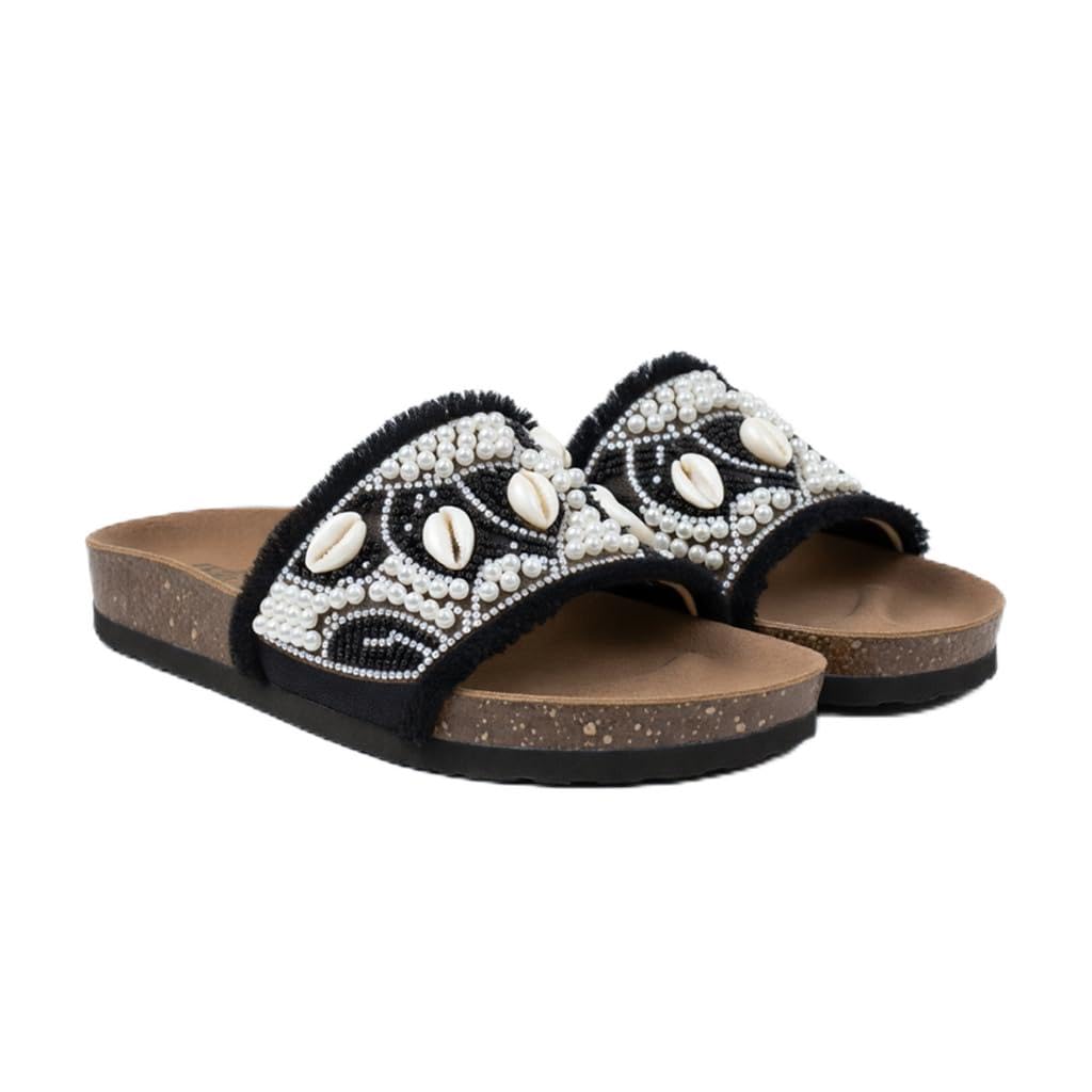Women’s slippers decorated with pearls and natural shells – summer style with a comfortable suede sole – elegant design for outings and casual wear.  - B2