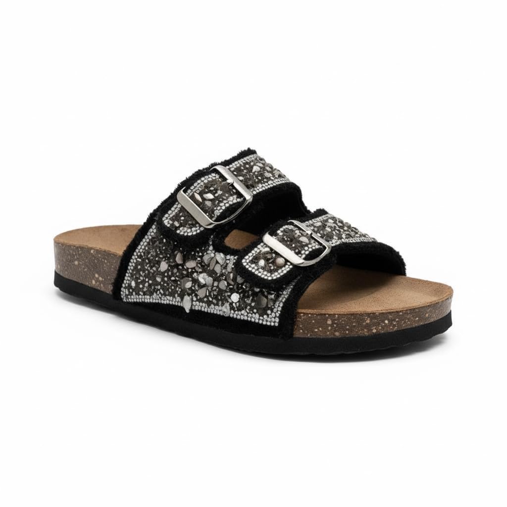 Women’s slippers featuring double metal buckles, decorated with crystals and beads – comfortable suede sole with anti-slip design for an elegant summer look- B4