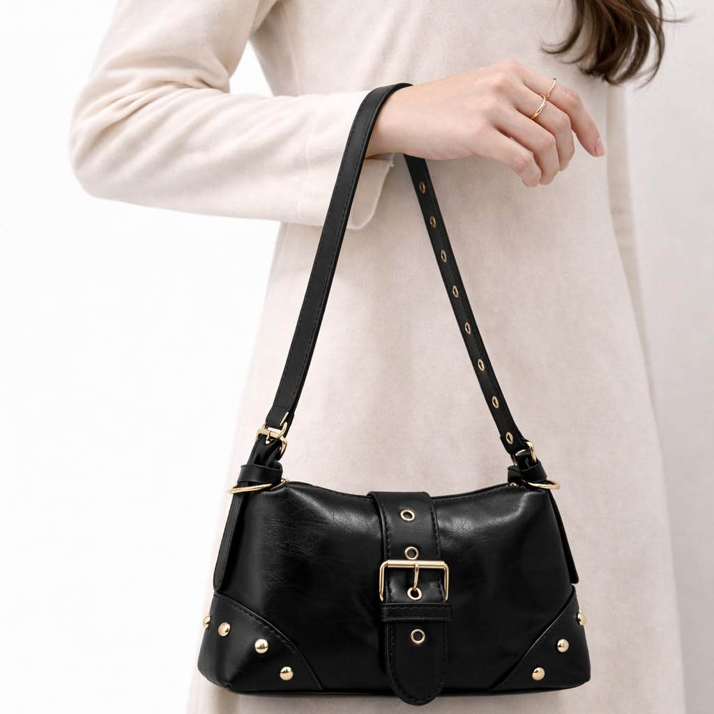 Small  women’s shoulder bag with an elegant leather buckle, featuring a top zipper and a long strap – suitable for daily outings and evening events.