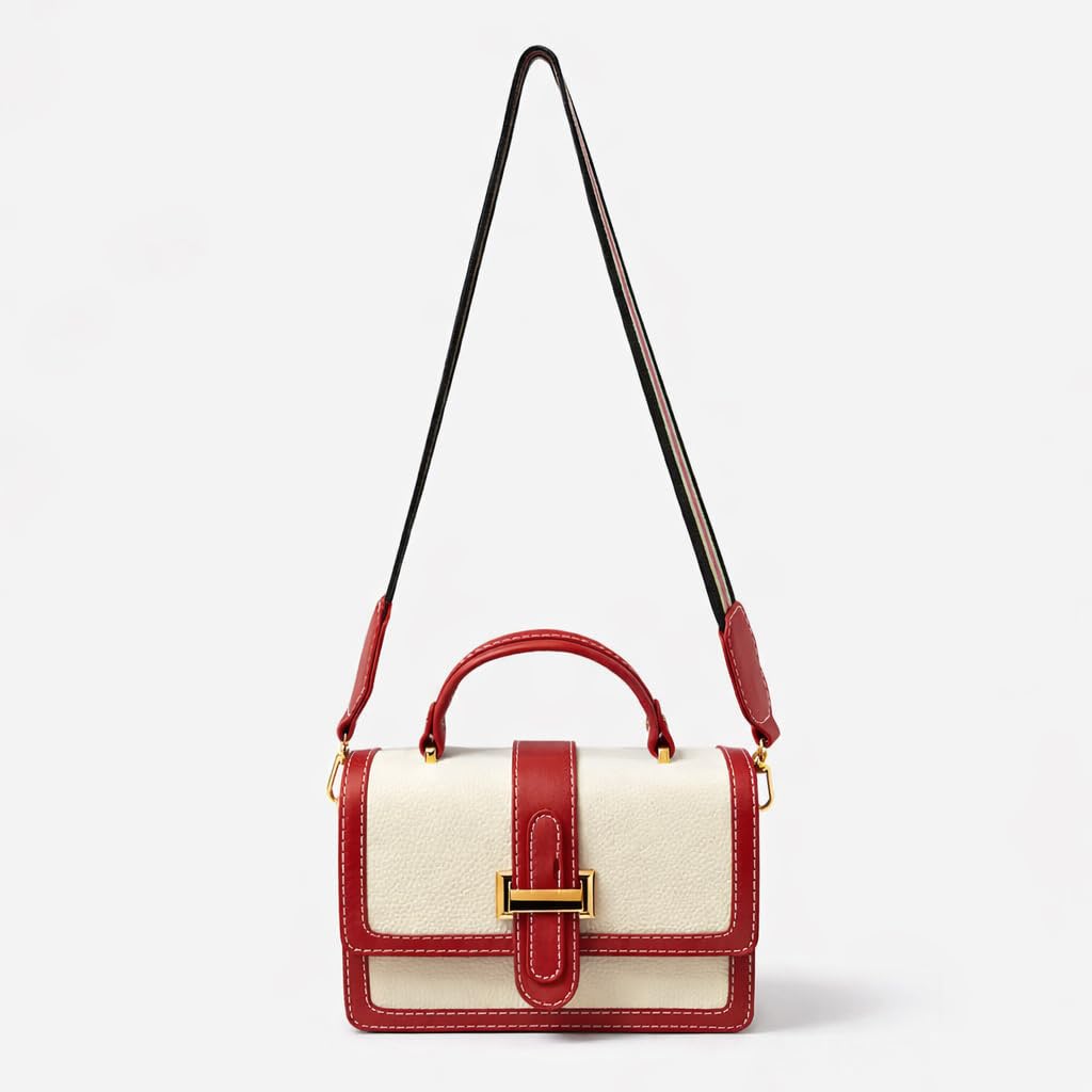 Red leather women’s handbag with a distinctive design, featuring a gold metal buckle and a top handle — suitable for work and special occasions.
