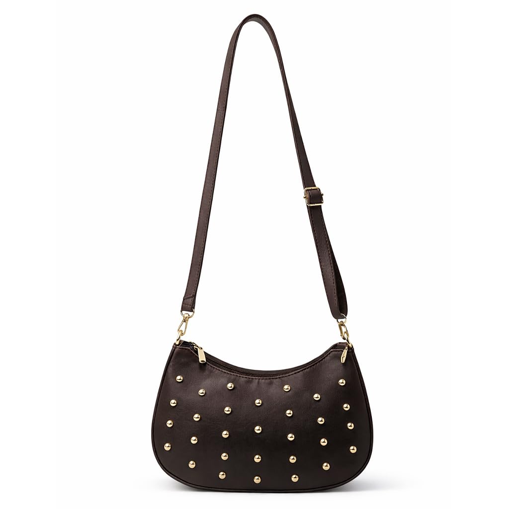 Small women’s shoulder bag decorated with gold studs, featuring a top zipper and a comfortable strap – suitable for outings and evening events.