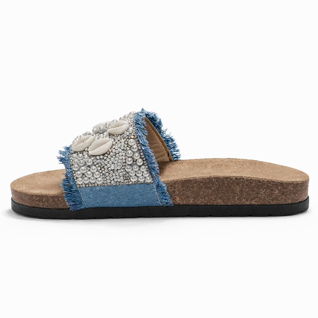 Women’s slippers decorated with pearls and natural shells – summer style with a comfortable suede sole – elegant design for outings and casual wear.  - B2