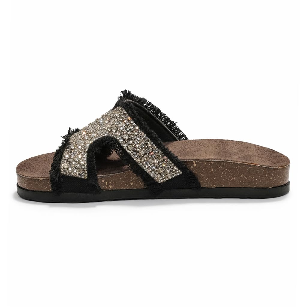 Women’s summer slippers decorated with crystals – comfortable orthopedic sole with soft suede material, elegant ladies’ style for outings and daily errands.  - B1