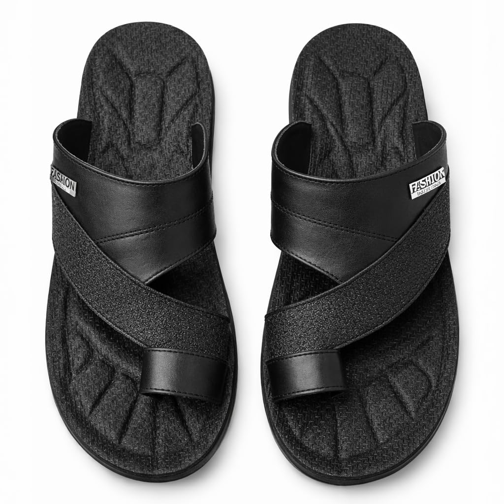 Men’s black leather slippers – modern, comfortable design with high-quality material and a cushioned orthopedic sole – perfect for daily use and errands.  BLACK  -Size44 - 911