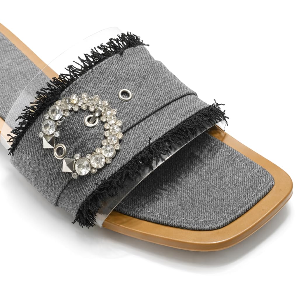Elegant women’s slippers with a transparent strap and crystal details – summer square-toe design with a comfortable flat sole – modern style. - H25