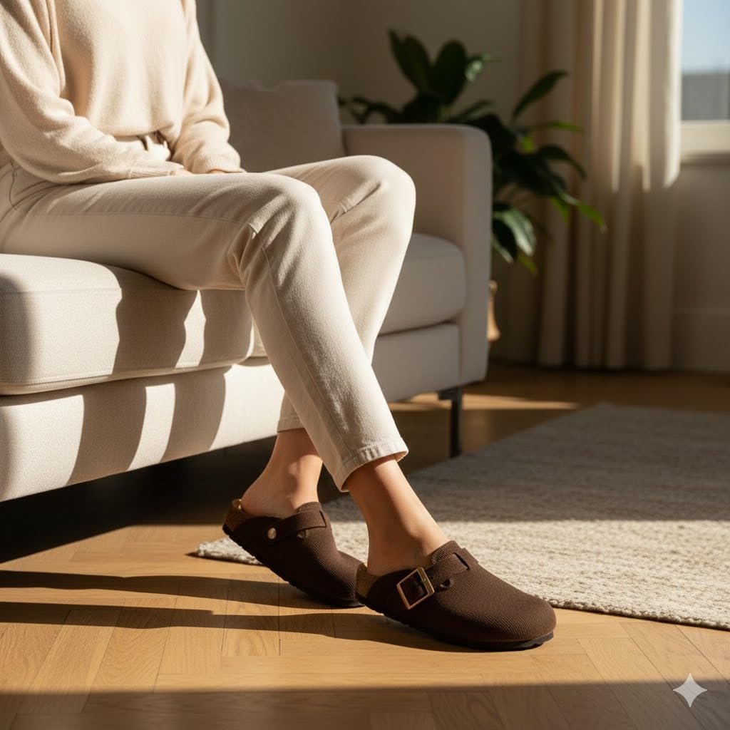 Stylish and comfortable women's clogs with a buckle closure and a non-slip sole.