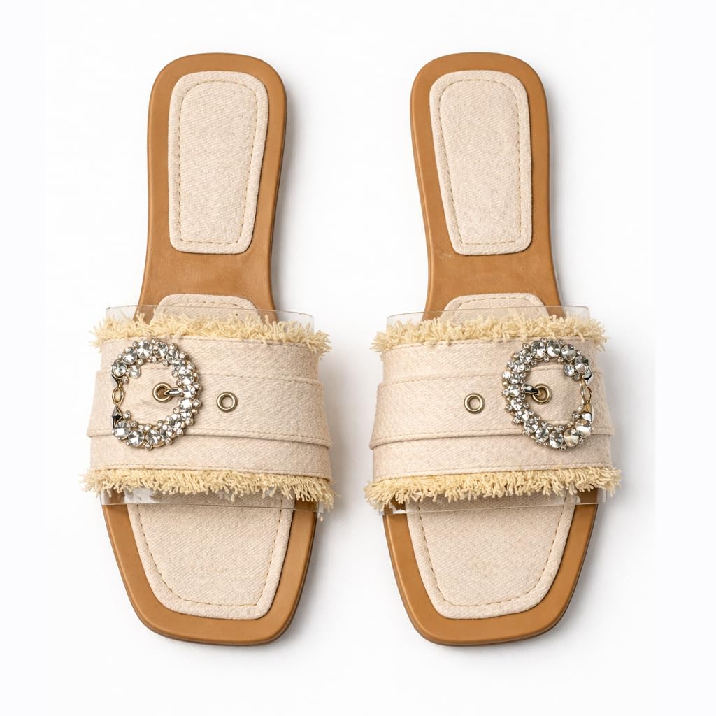 Elegant women’s slippers with a transparent strap and crystal details – summer square-toe design with a comfortable flat sole – modern style. - H25