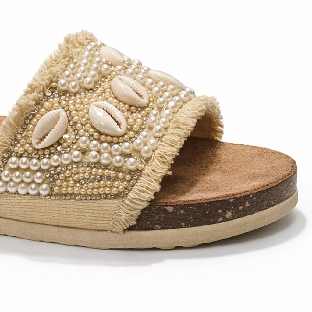 Women’s slippers decorated with pearls and natural shells – summer style with a comfortable suede sole – elegant design for outings and casual wear.  - B2