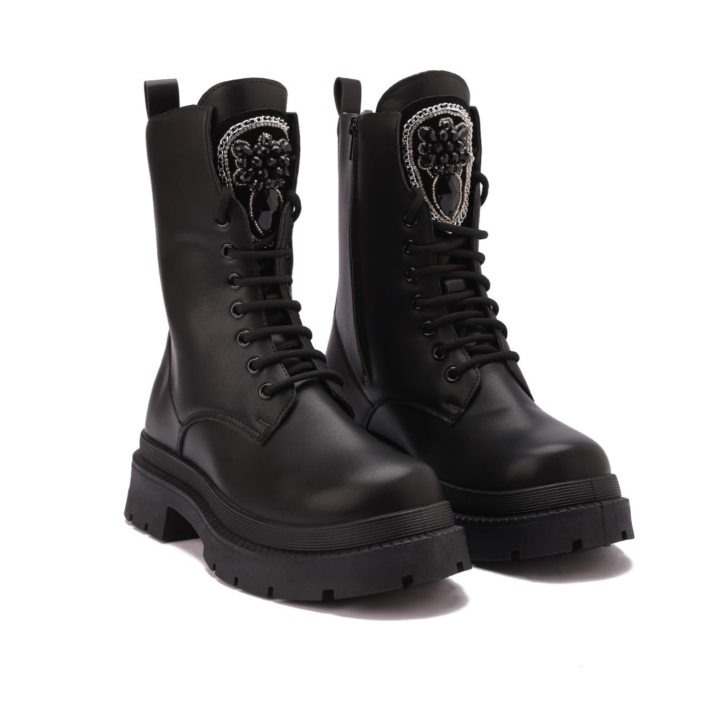 Imported leather boots adorned with embroidery and accessories - equipped with a comfortable sole - black color