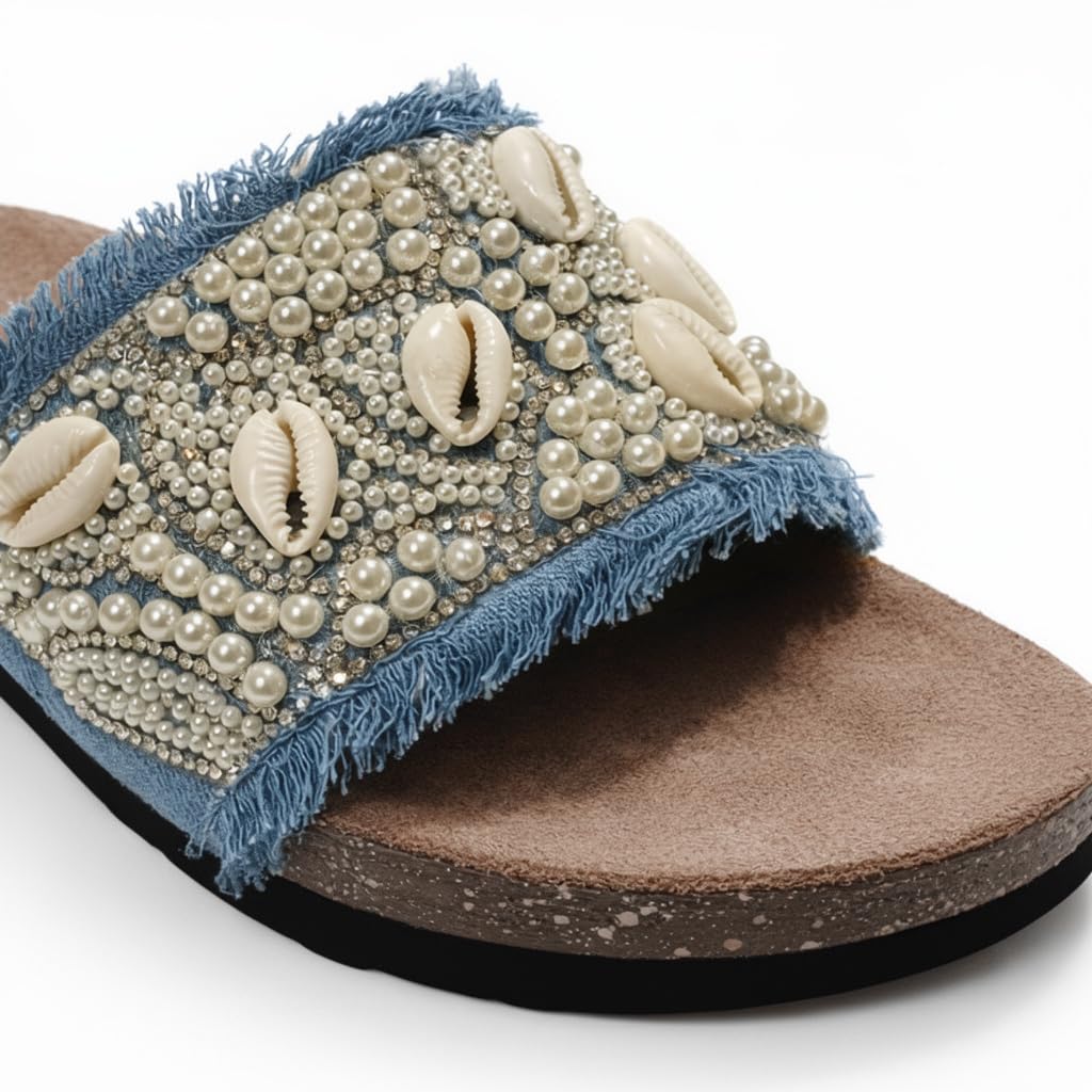 Women’s slippers decorated with pearls and natural shells – summer style with a comfortable suede sole – elegant design for outings and casual wear.  - B2