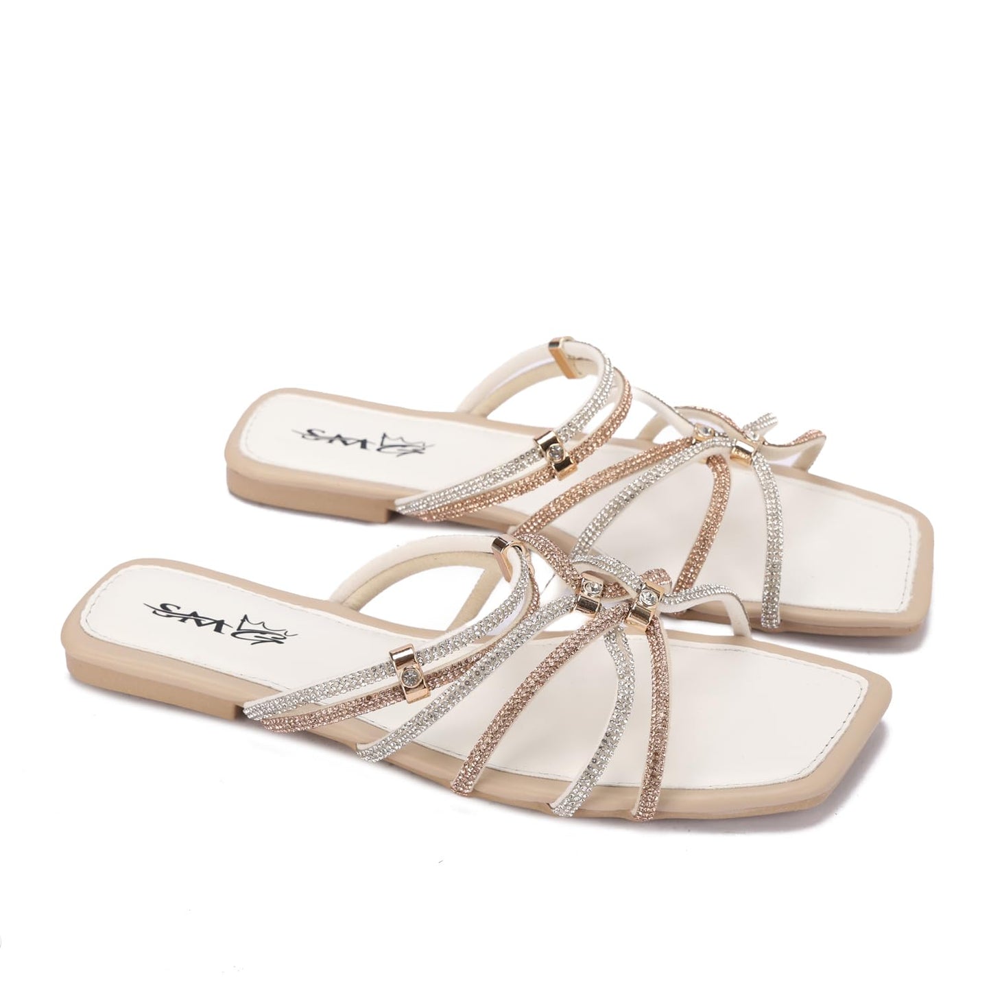 Stylish women's slippers with sparkling rhinestones and a flat heel - equipped with a comfortable sole