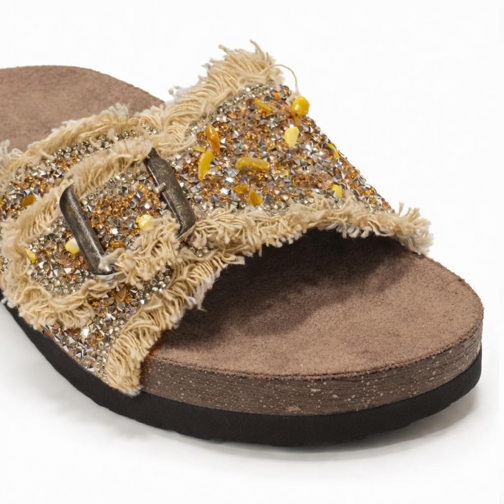 Women’s slippers decorated with golden crystals and a metal buckle – luxurious summer style with a comfortable suede sole – elegant design for daily outings.  - B3