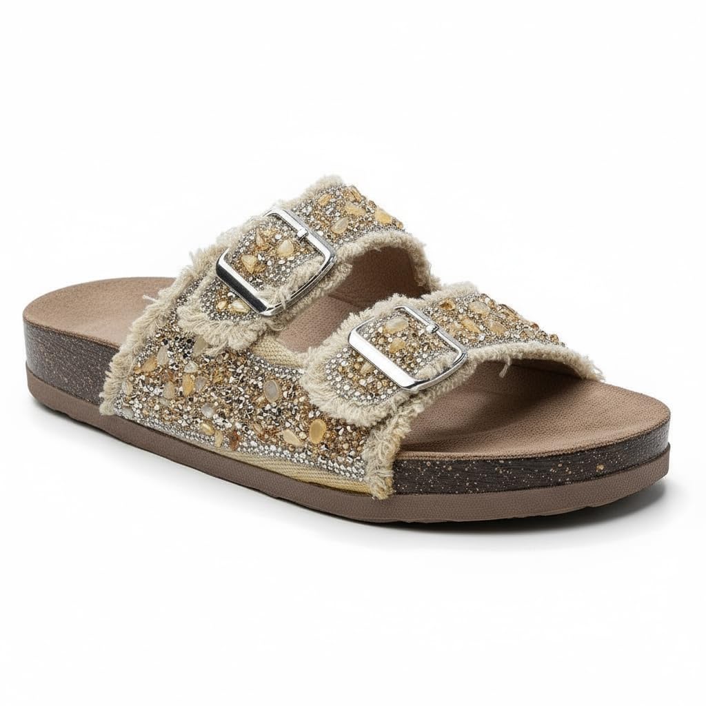 Women’s slippers featuring double metal buckles, decorated with crystals and beads – comfortable suede sole with anti-slip design for an elegant summer look- B4