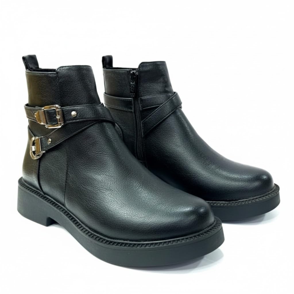 Stylish women's boots with a comfortable heel and elegant design, featuring metal straps.
