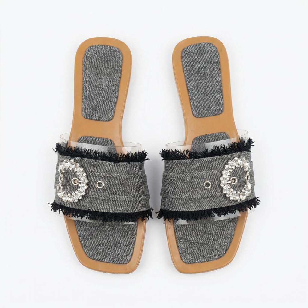 Elegant women’s slippers with a transparent strap and crystal details – summer square-toe design with a comfortable flat sole – modern style. - H25