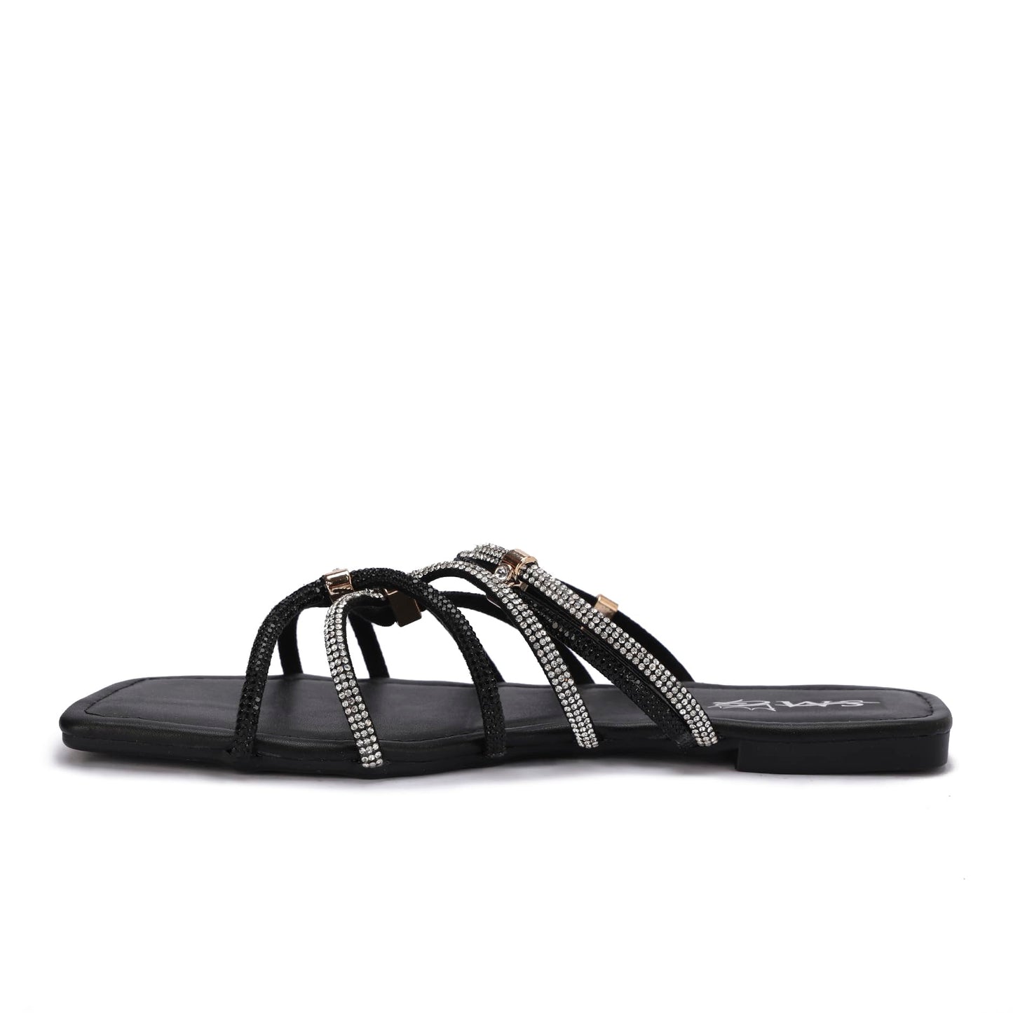 Stylish women's slippers with sparkling rhinestones and a flat heel - equipped with a comfortable sole