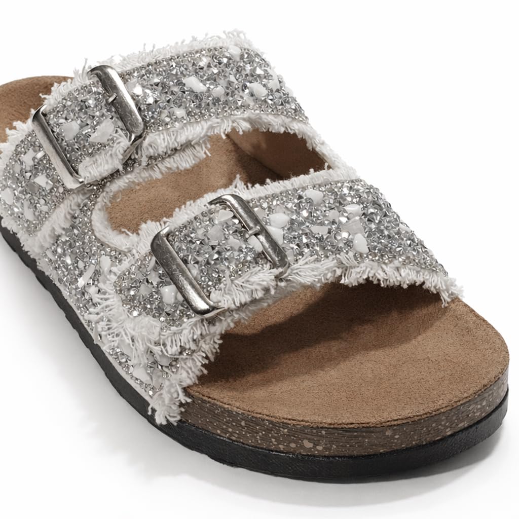 Women’s slippers featuring double metal buckles, decorated with crystals and beads – comfortable suede sole with anti-slip design for an elegant summer look- B4