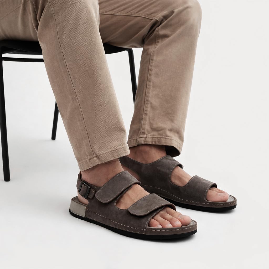Men’s comfortable orthopedic sandals – practical leather sandals with two adjustable Velcro straps and a back strap – lightweight with an anti-slip sole.  - B010
