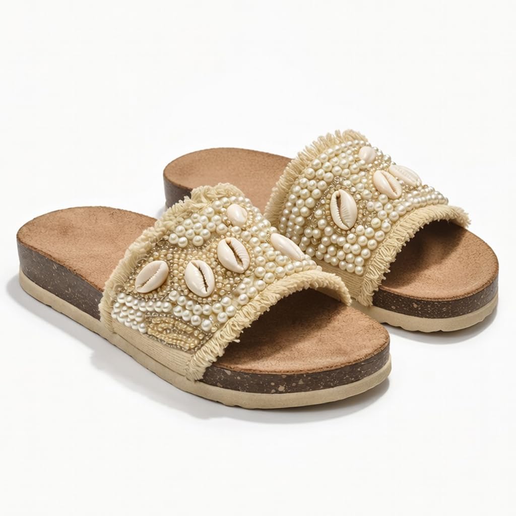 Women’s slippers decorated with pearls and natural shells – summer style with a comfortable suede sole – elegant design for outings and casual wear.  - B2
