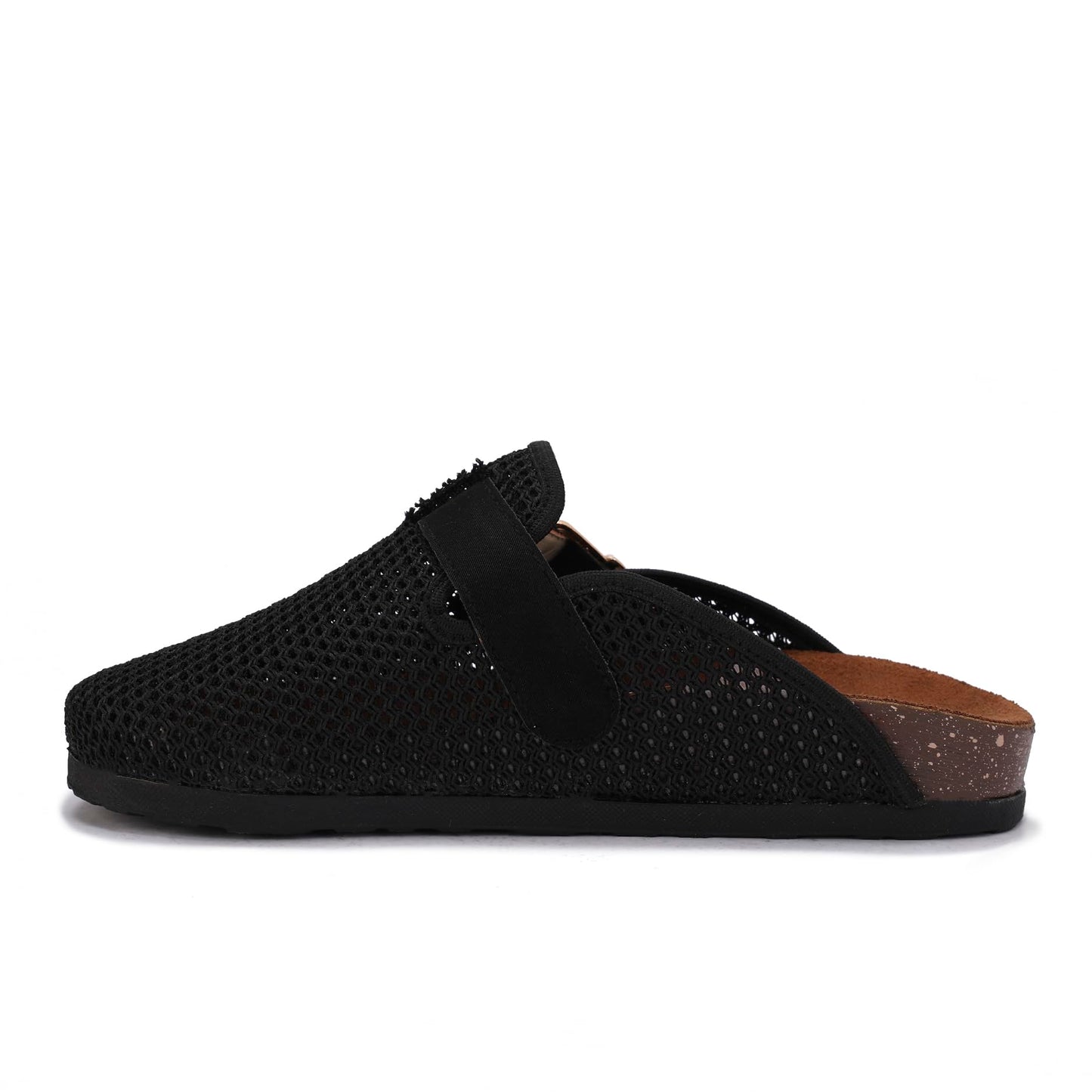 Comfortable women's slippers with a closed design, mesh upper, and side buckle.