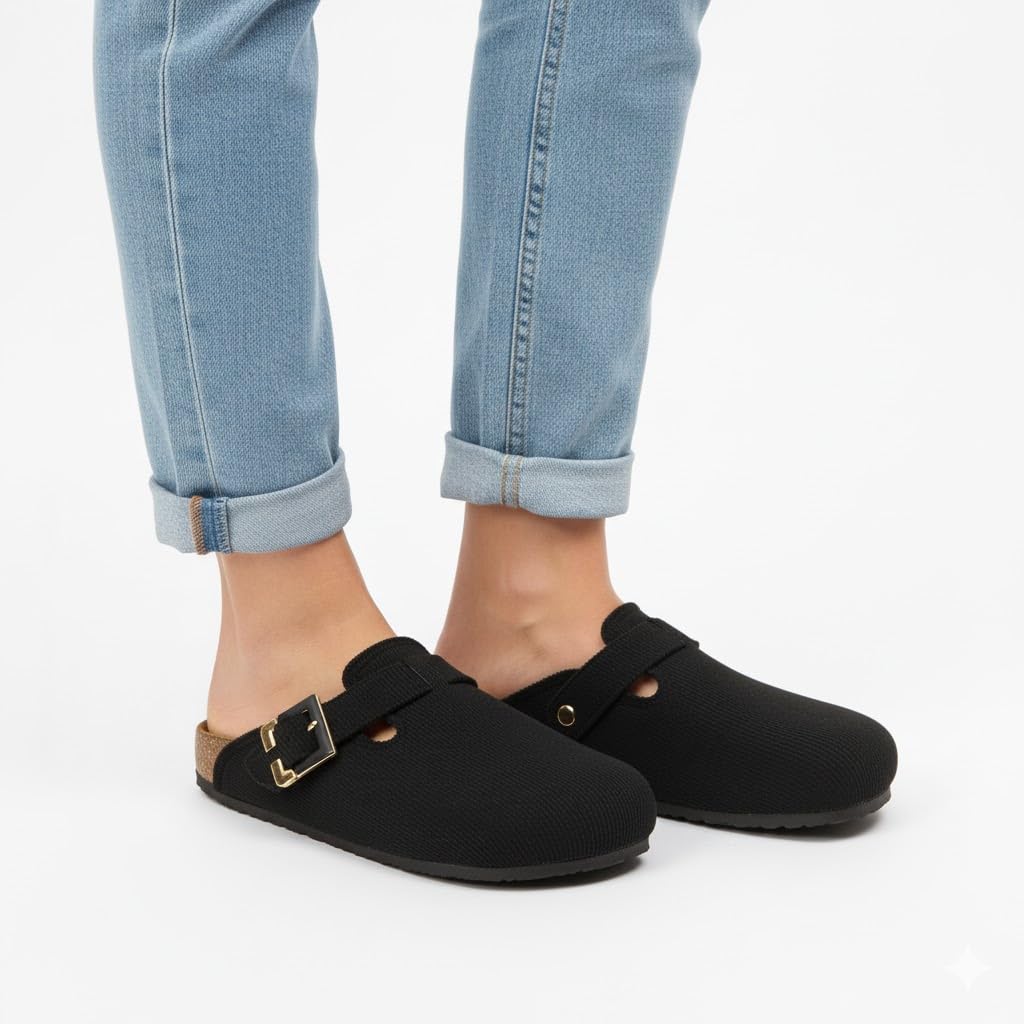 Stylish and comfortable women's clogs with a buckle closure and a non-slip sole.