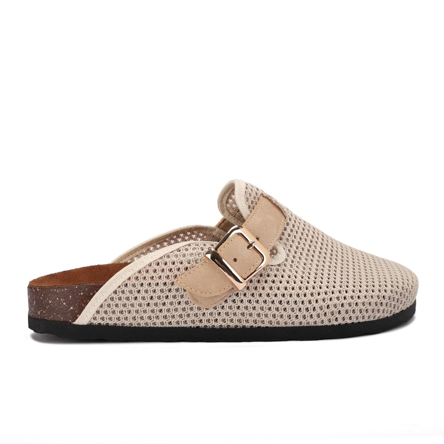 Comfortable women's slippers with a closed design, mesh upper, and side buckle.
