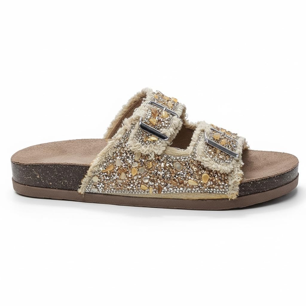 Women’s slippers featuring double metal buckles, decorated with crystals and beads – comfortable suede sole with anti-slip design for an elegant summer look- B4