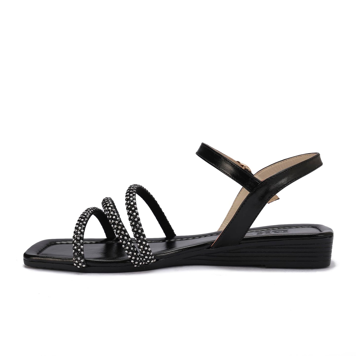 Elegant women's sandals with thin, embellished straps and a buckle design.