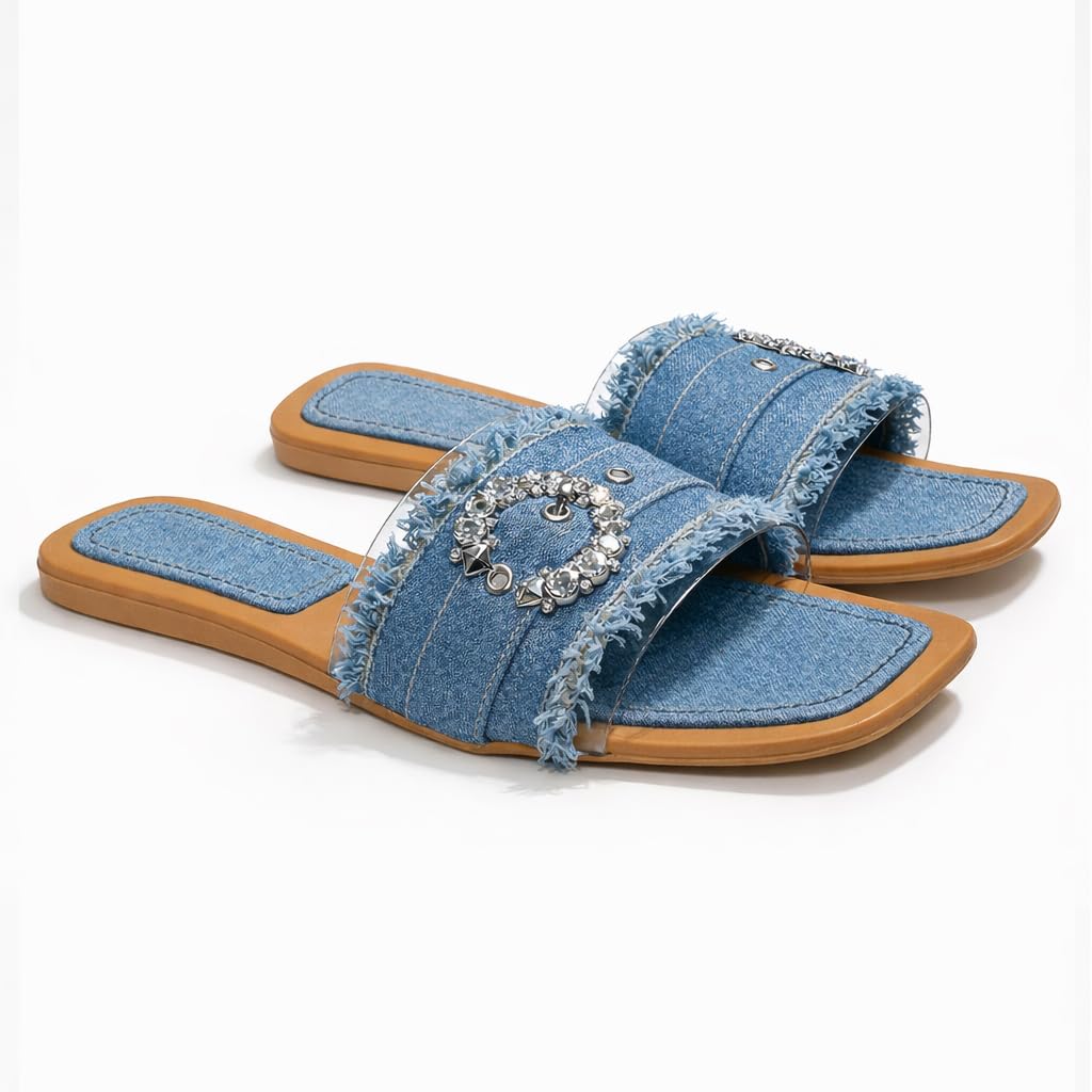 Elegant women’s slippers with a transparent strap and crystal details – summer square-toe design with a comfortable flat sole – modern style. - H25