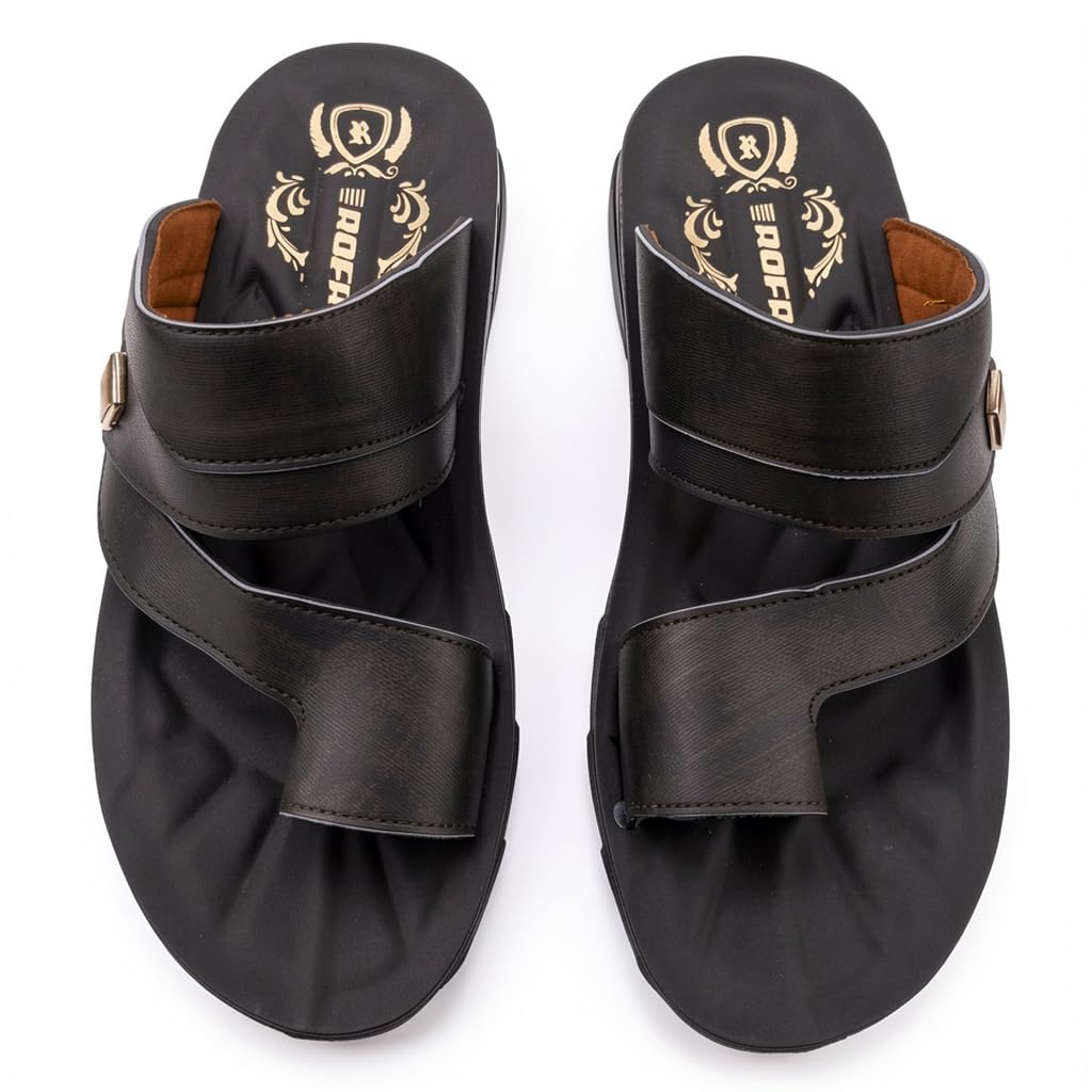 Men’s black leather slippers – modern, comfortable design with high-quality material and a cushioned orthopedic sole – perfect for daily use and errands.   - 2005