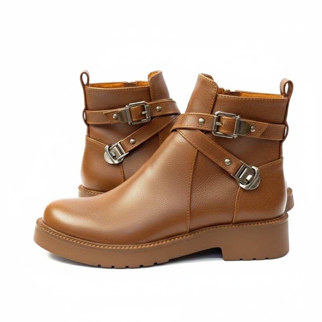 Stylish women's boots with a comfortable heel and elegant design, featuring metal straps.