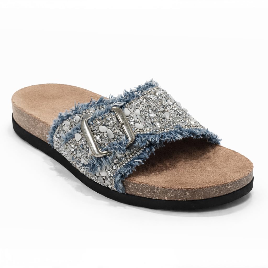 Women’s slippers decorated with golden crystals and a metal buckle – luxurious summer style with a comfortable suede sole – elegant design for daily outings.  - B3