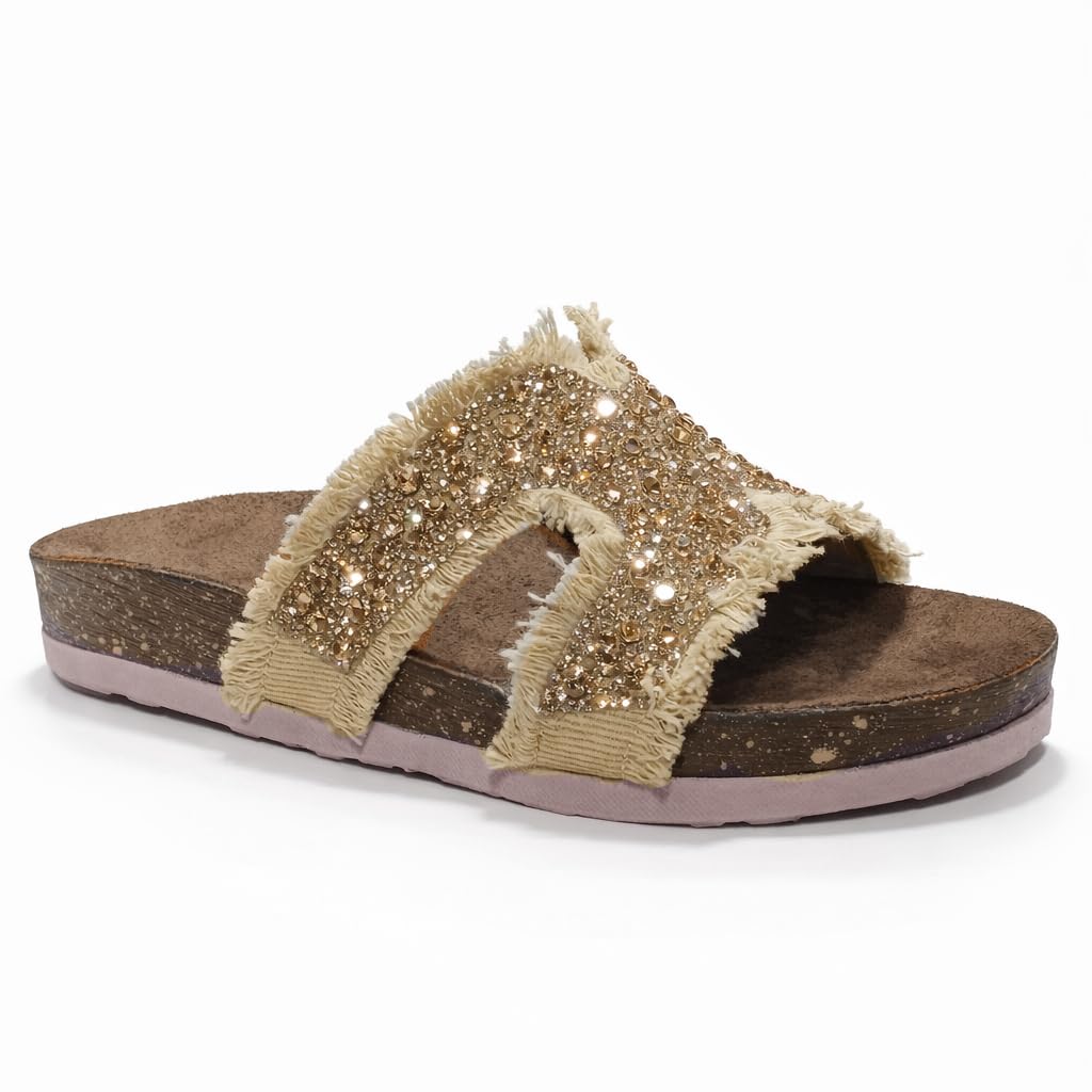 Women’s summer slippers decorated with crystals – comfortable orthopedic sole with soft suede material, elegant ladies’ style for outings and daily errands.  - B1