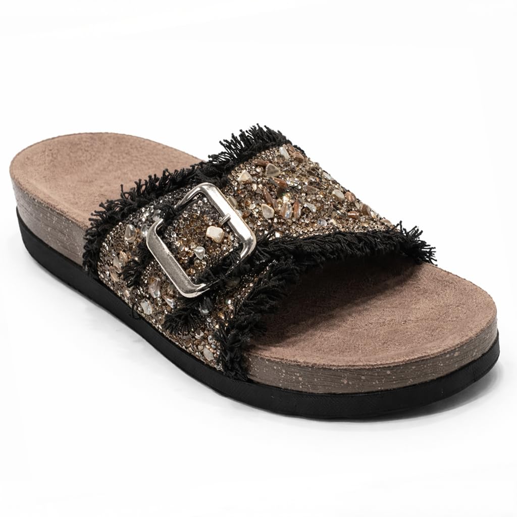 Women’s slippers decorated with golden crystals and a metal buckle – luxurious summer style with a comfortable suede sole – elegant design for daily outings.  - B3