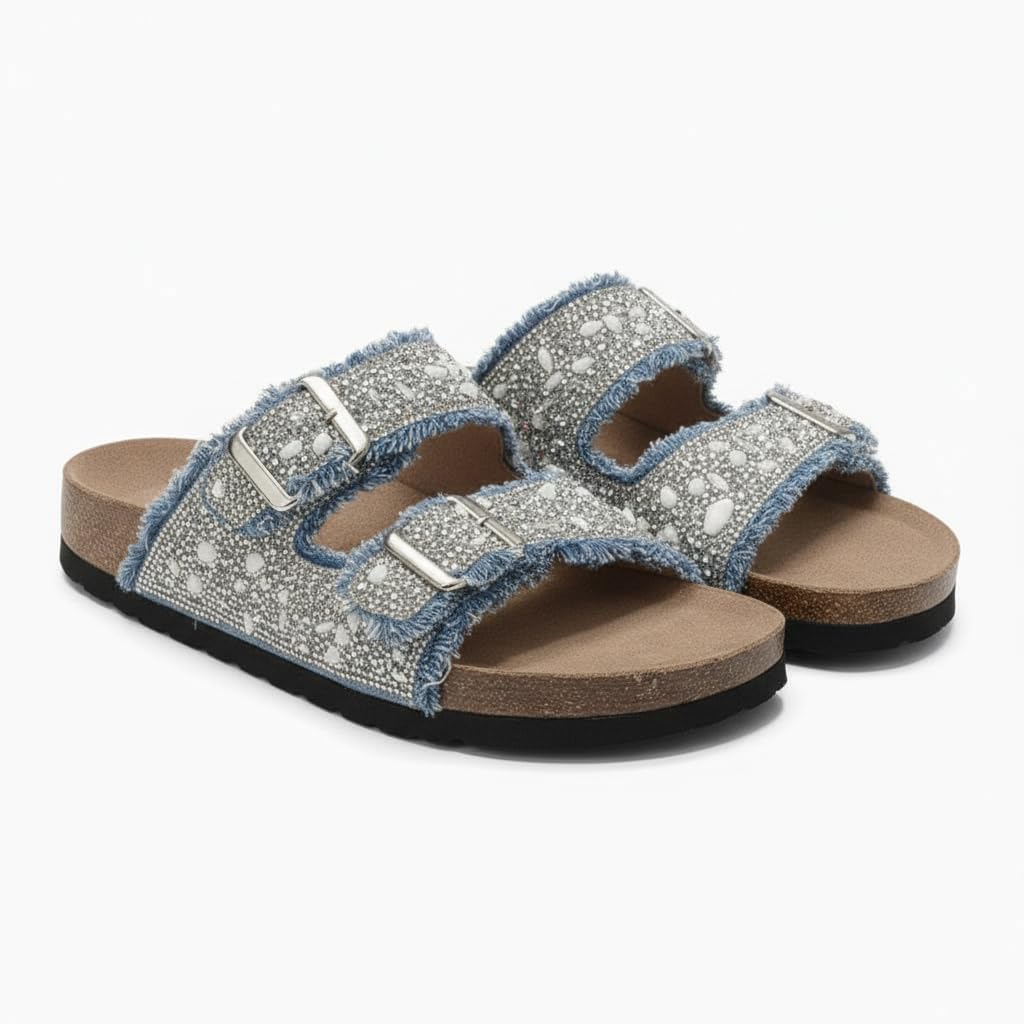 Women’s slippers featuring double metal buckles, decorated with crystals and beads – comfortable suede sole with anti-slip design for an elegant summer look- B4