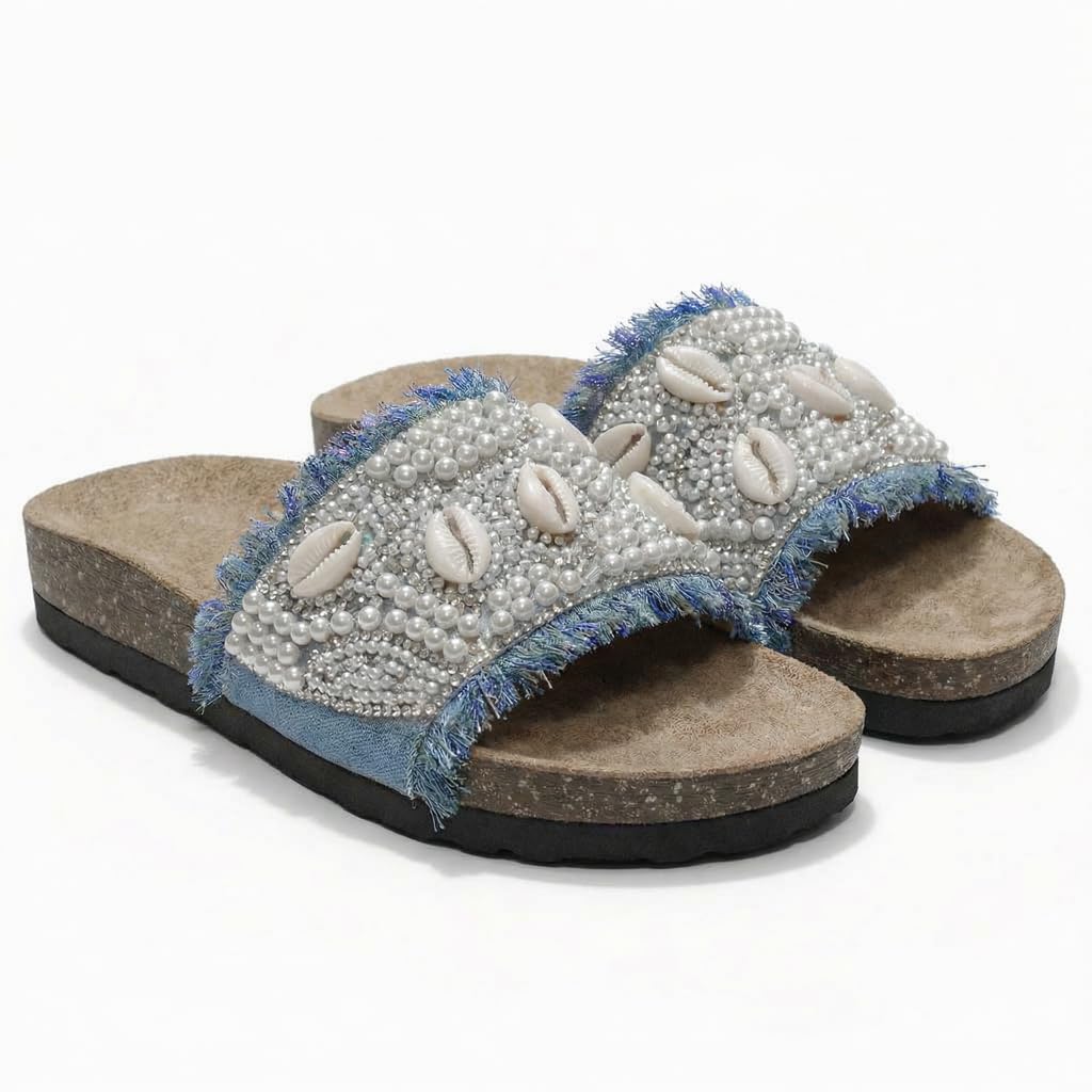 Women’s slippers decorated with pearls and natural shells – summer style with a comfortable suede sole – elegant design for outings and casual wear.  - B2