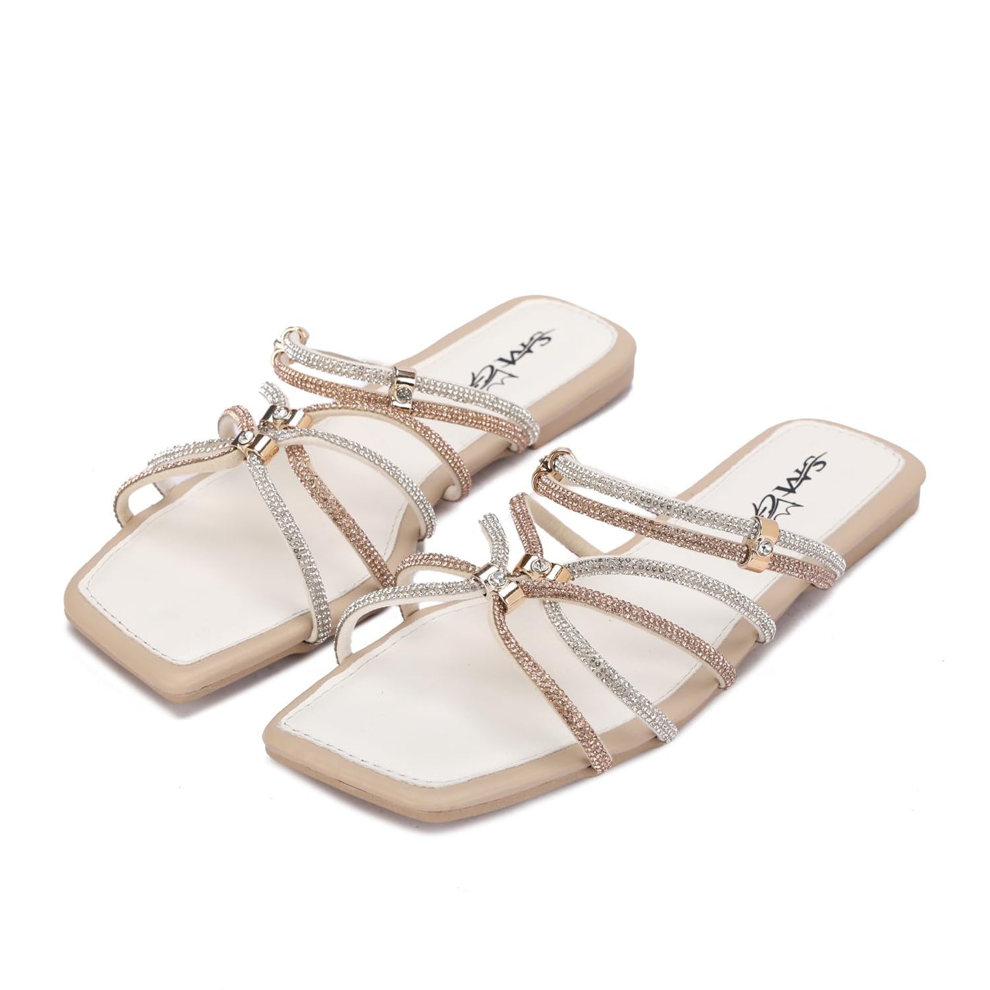 Stylish women's slippers with sparkling rhinestones and a flat heel - equipped with a comfortable sole