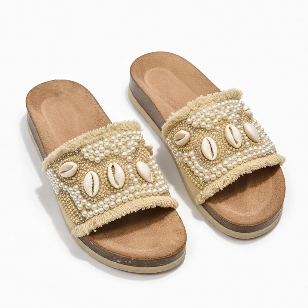Women’s slippers decorated with pearls and natural shells – summer style with a comfortable suede sole – elegant design for outings and casual wear.  - B2